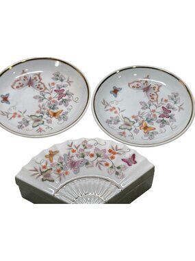 Avon Butterfly Fantasy Trinket Butter Candy Dish Matching Plates Baby Bridal